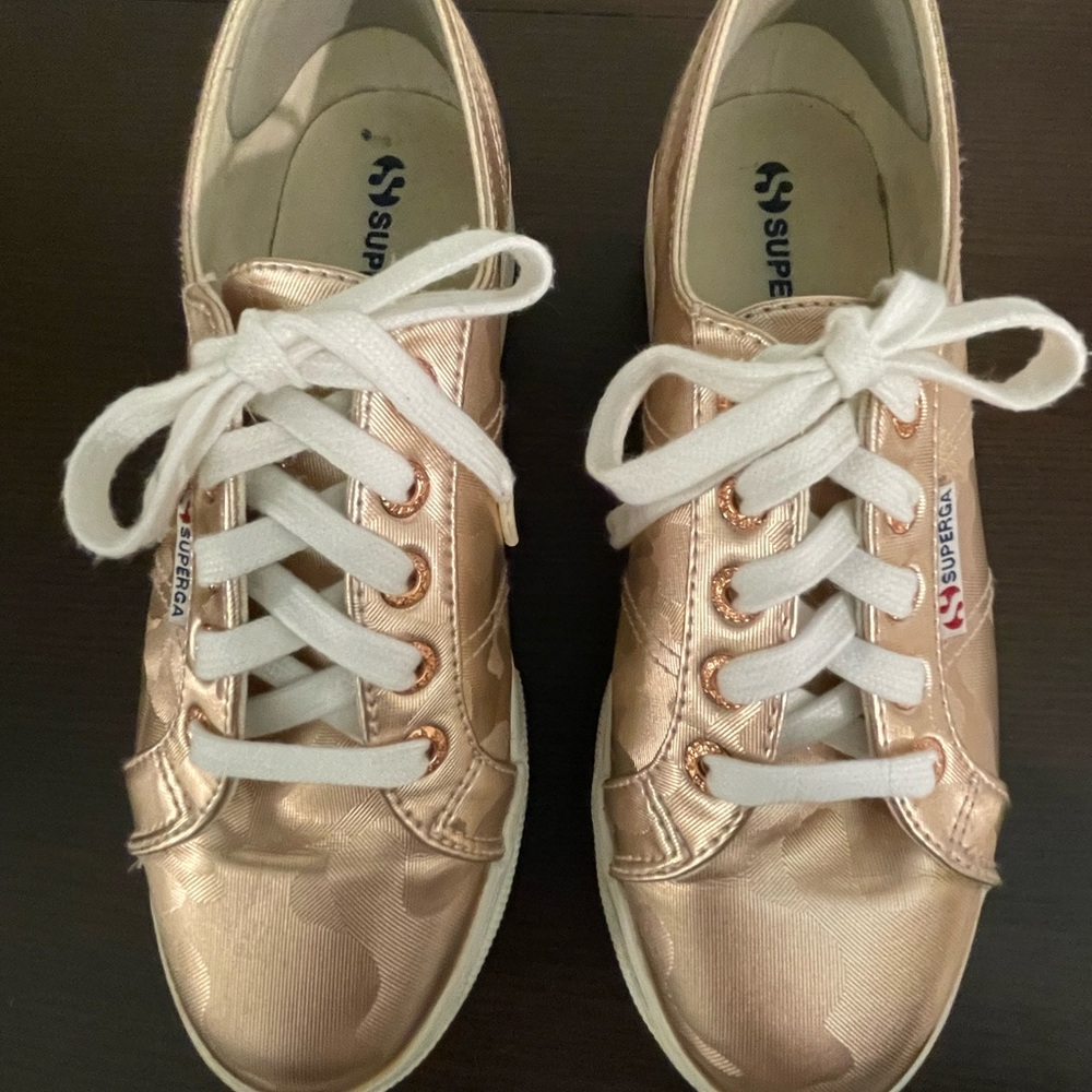 Superga Gold and White Sneakers Metallic Casual Style